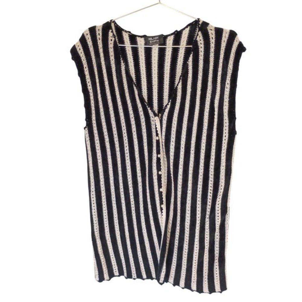 Hilary Smith Black Cream Striped Hand Loomed Knit Vest Pearl Button V-Neck USA